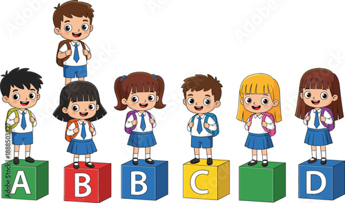 Cute cartoon school children with backpacks standing on colorful alphabet blocks including A B C and D isolated on white background for education concepts.