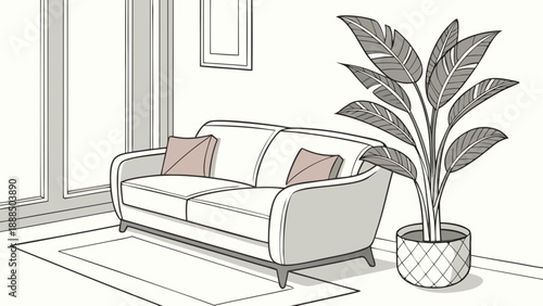 Elegant Living Room Interior Sketch with Sofa and Plant 1.