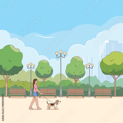 Woman walking beagle dog in city park illustration, outdoor summer recreation with trees, benches, and urban buildings, flat vector design.