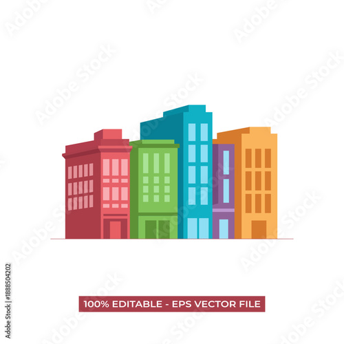 Colorful buildings stand together in a row, showcasing various architectural styles and vibrant hues.