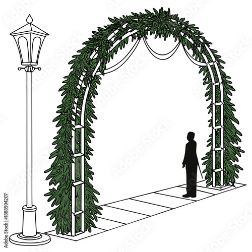 Elegant Wedding Archway with Greenery and Human Silhouette.