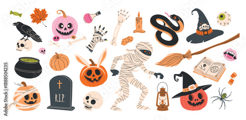  happy halloween set of isolated design elements hand drawn