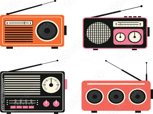 Large collection of colorful flat vector vintage radios and retro portable transistor receivers with antennas isolated on white background for nostalgia music and broadcasting concepts.