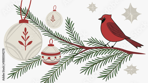 Festive Cardinal and Christmas Ornaments on Evergreen Branch.