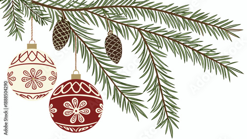 Festive Christmas Branch with Ornaments and Pine Cones.