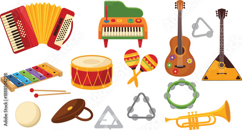 Large collection of colorful flat vector musical instruments including guitar, drum, trumpet, accordion, xylophone, and tambourine isolated on white background for kids education.