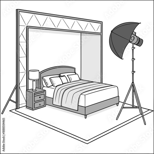 Bedroom Photography Setup with Lighting and Backdrop.
