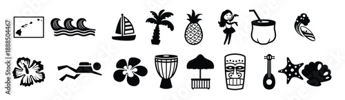 tropical hawaii island and beach icons