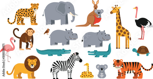 Large collection of cute flat vector wild animals including lion, tiger, elephant, giraffe, zebra, and kangaroo isolated on white background for kids education.