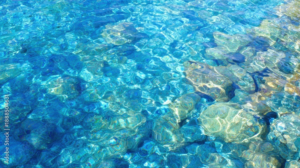Fototapeta premium Clear blue water with rocks visible beneath the surface in sunlight