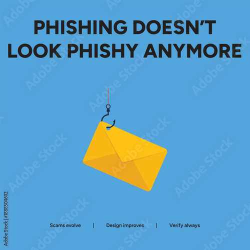 Phishing scam awareness graphic with a yellow email envelope on a fish hook against a blue background