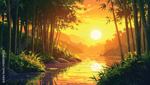 Radiant sunset waterway framed by lush bamboo silhouettes. Warm tropical dusk illuminating reflective forest channel. Peaceful jungle corridor glowing beneath vibrant evening sun