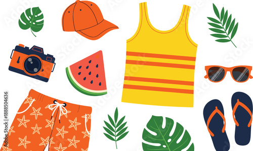 Large collection of flat vector summer vacation elements including swimwear, sunglasses, camera, watermelon, and tropical leaves isolated on white background.