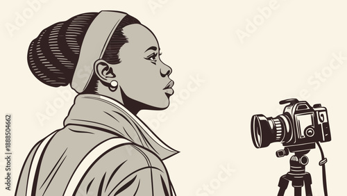 Focused Photographer with Camera on Tripod.