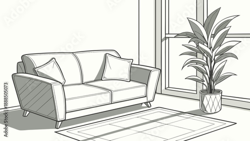 Living Room Interior Sketch with Sofa and Plant.