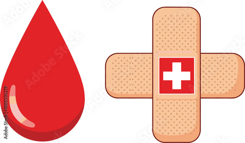 Red blood drop and crossed adhesive bandages with medical cross symbol isolated on white background for healthcare first aid and blood donation concepts.