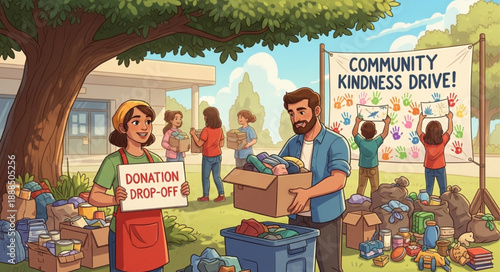 Community Kindness Drive People Donating Items Outdoors.