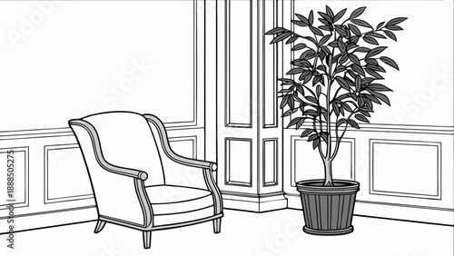 Minimalist Interior with Armchair and Potted Plant Illustration.