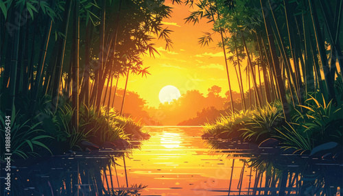 Golden sunset river glowing through tranquil bamboo forest. Cinematic evening light reflecting across peaceful jungle water. Serene tropical stream illuminated by warm sunset horizon