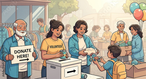 Community members donate to charity event with volunteers helping.