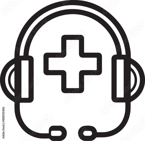 Line icon of call center headset featuring medical cross symbolizing healthcare customer service hotline support assistance