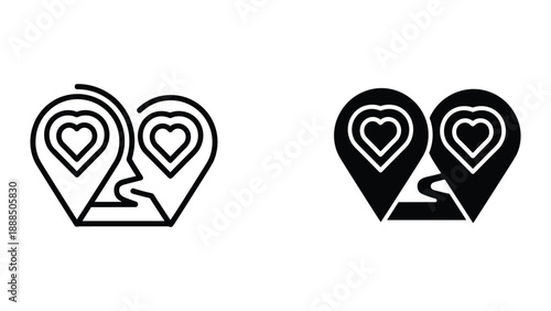 Love and heart icon set with map pin