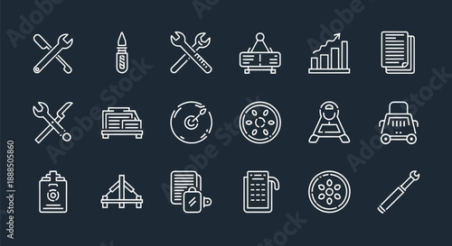 Set of various line icons depicting tools and concepts on dark background