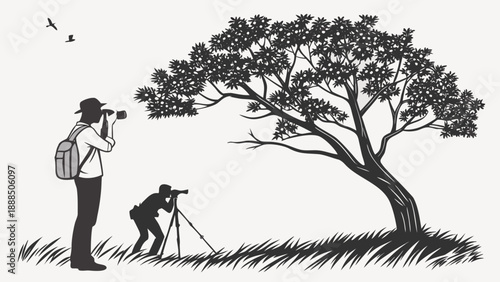 Photographers Capturing Natures Beauty A Black and White Illustration.