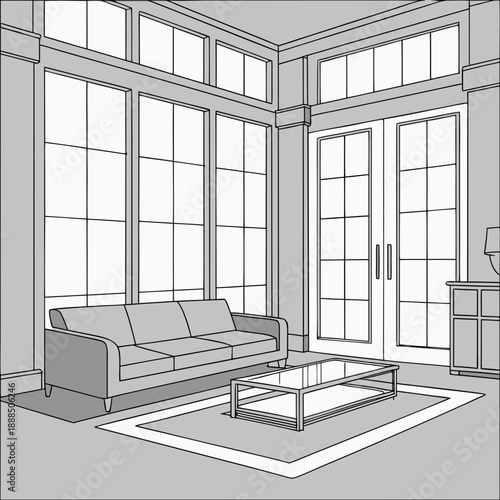 Elegant Living Room Interior Design with Large Windows.