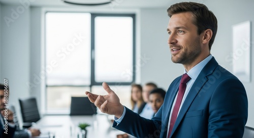 Confident businessman in a blue suit speaking animatedly with hands gesturing during a meeting, colleagues in background, bright office setting, presentation, business concept, modern, corporate