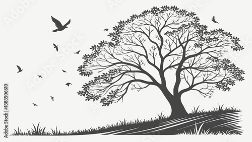Silhouette of a Tree with Birds in Flight on a Hill.