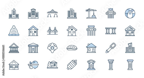 Set of vector building icons representing architecture and construction