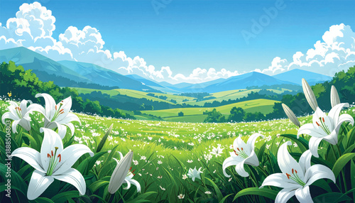 Bright spring meadow with lilies across open green hills. Floral countryside panorama under clear cheerful sky. Natural spring field illustration full of freshness