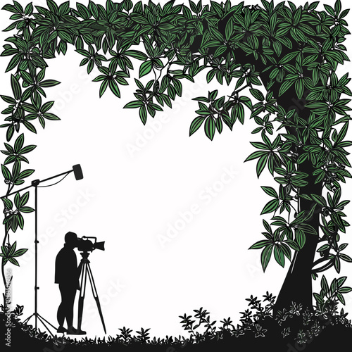 Filmmaker capturing natures beauty with camera under tree.