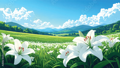 Graceful white lilies framing vibrant green spring valley. Floral perspective scene with lilies and distant hills. Fresh botanical landscape celebrating spring renewal