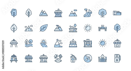 Set of vector illustrations featuring nature elements and outdoor structures
