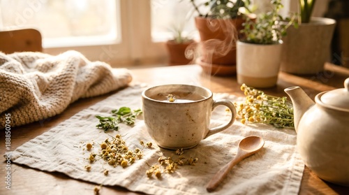Steaming cup of herbal tea with chamomile flowers and teapot. Cozy and warm drink for relaxation and well-being. Wellness beverage concept.