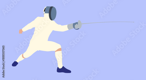 Fencer in action with sword in white uniform.