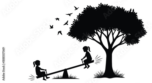 A black silhouette depicts a serene scene of children on a seesaw under a tree with flying birds silhouette high quality