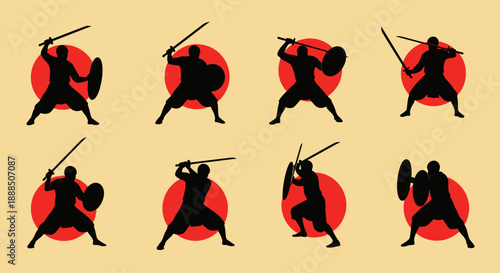 Silhouettes of Samurai Warriors in Various Combat Poses.