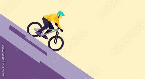 Cyclist riding down a steep ramp with a yellow background.