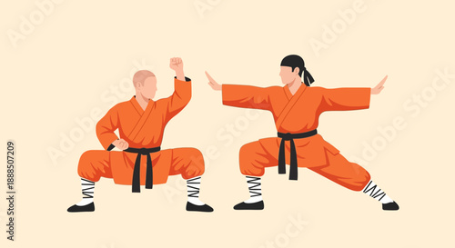 Two martial artists in orange uniforms practicing a kick and punch.