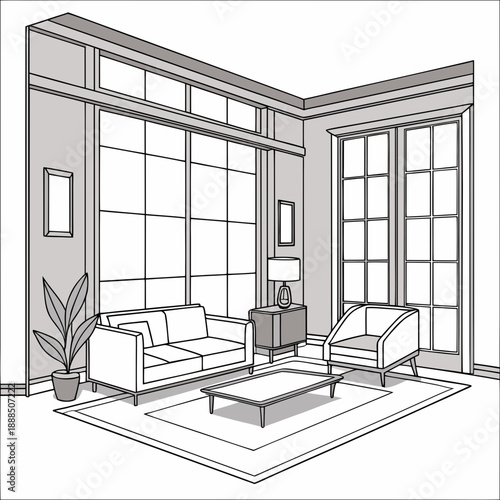 Interior design sketch of a living room with furniture.
