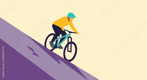 Cyclist riding bicycle down a steep slope.