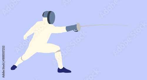 Fencer in action wearing protective gear and holding a sword.