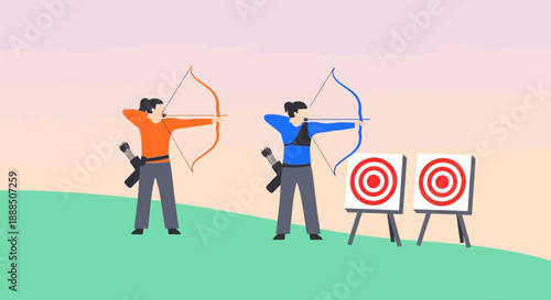 Two men practicing archery together on a green field.