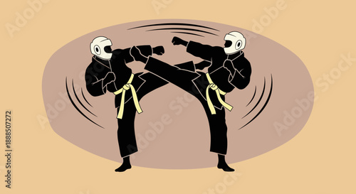Two martial artists in black uniforms and yellow belts fighting with kicks.