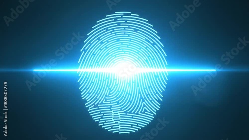 Glowing fingerprint scan on a dark background, representing biometric identification and security.