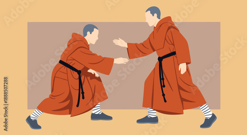 Two monks in orange robes engaging in a martial arts demonstration.