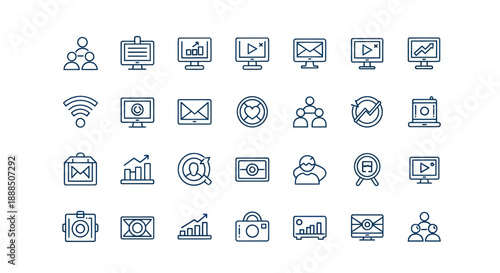 Set of linear digital icons for business and communication designs